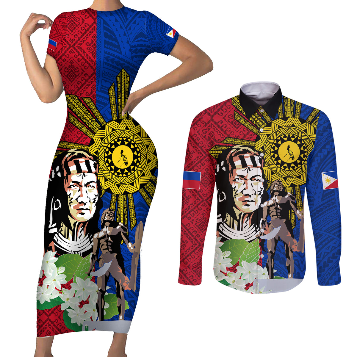 Philippines Lapu-Lapu Couples Matching Short Sleeve Bodycon Dress and Long Sleeve Button Shirt Filipino Sun Tattoo With Yakan Pattern - Wonder Print Shop