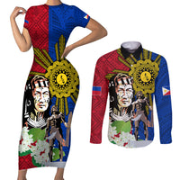Philippines Lapu-Lapu Couples Matching Short Sleeve Bodycon Dress and Long Sleeve Button Shirt Filipino Sun Tattoo With Yakan Pattern - Wonder Print Shop