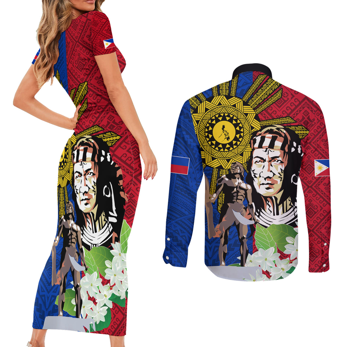 Philippines Lapu-Lapu Couples Matching Short Sleeve Bodycon Dress and Long Sleeve Button Shirt Filipino Sun Tattoo With Yakan Pattern - Wonder Print Shop