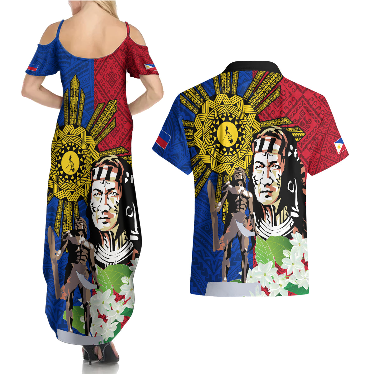 Philippines Lapu-Lapu Couples Matching Summer Maxi Dress and Hawaiian Shirt Filipino Sun Tattoo With Yakan Pattern - Wonder Print Shop