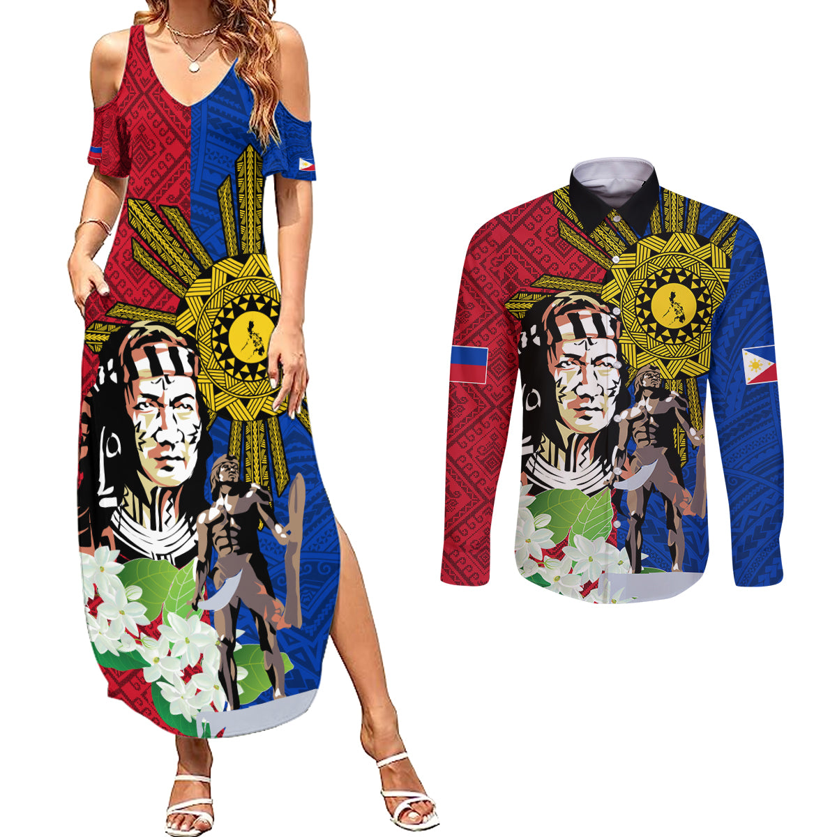 Philippines Lapu-Lapu Couples Matching Summer Maxi Dress and Long Sleeve Button Shirt Filipino Sun Tattoo With Yakan Pattern - Wonder Print Shop