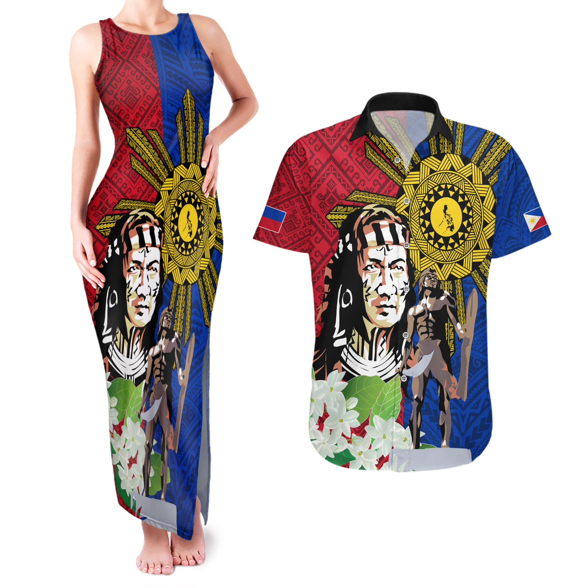 Philippines Lapu-Lapu Couples Matching Tank Maxi Dress and Hawaiian Shirt Filipino Sun Tattoo With Yakan Pattern - Wonder Print Shop