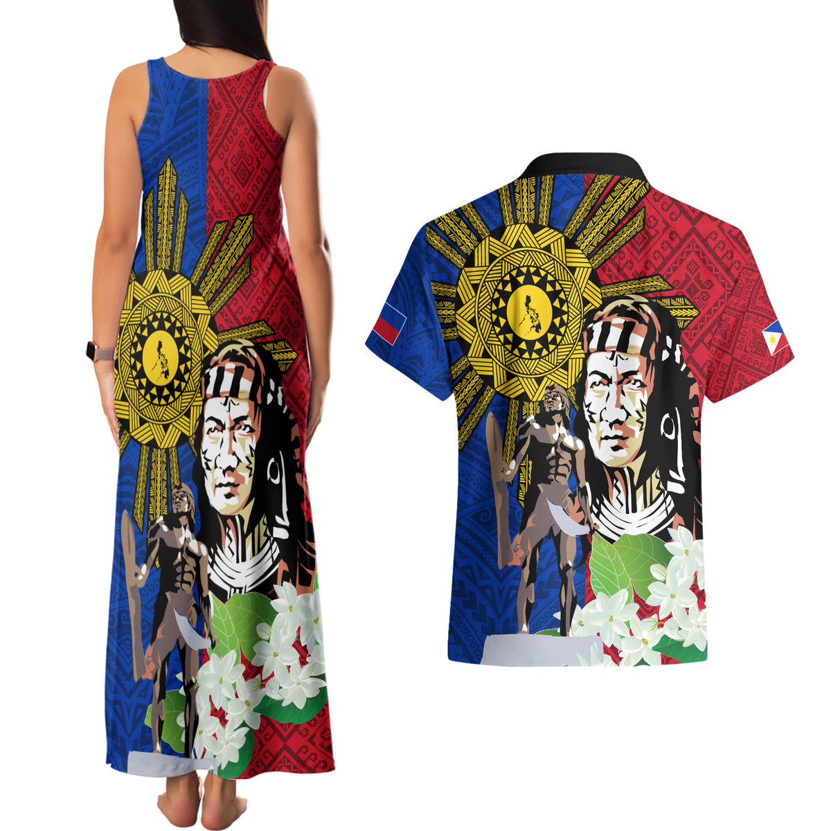 Philippines Lapu-Lapu Couples Matching Tank Maxi Dress and Hawaiian Shirt Filipino Sun Tattoo With Yakan Pattern - Wonder Print Shop