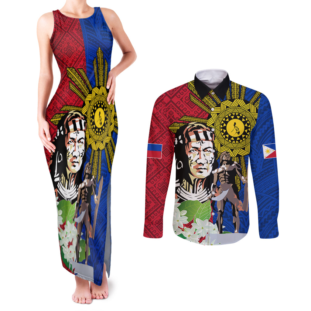 Philippines Lapu-Lapu Couples Matching Tank Maxi Dress and Long Sleeve Button Shirt Filipino Sun Tattoo With Yakan Pattern - Wonder Print Shop
