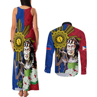 Philippines Lapu-Lapu Couples Matching Tank Maxi Dress and Long Sleeve Button Shirt Filipino Sun Tattoo With Yakan Pattern - Wonder Print Shop