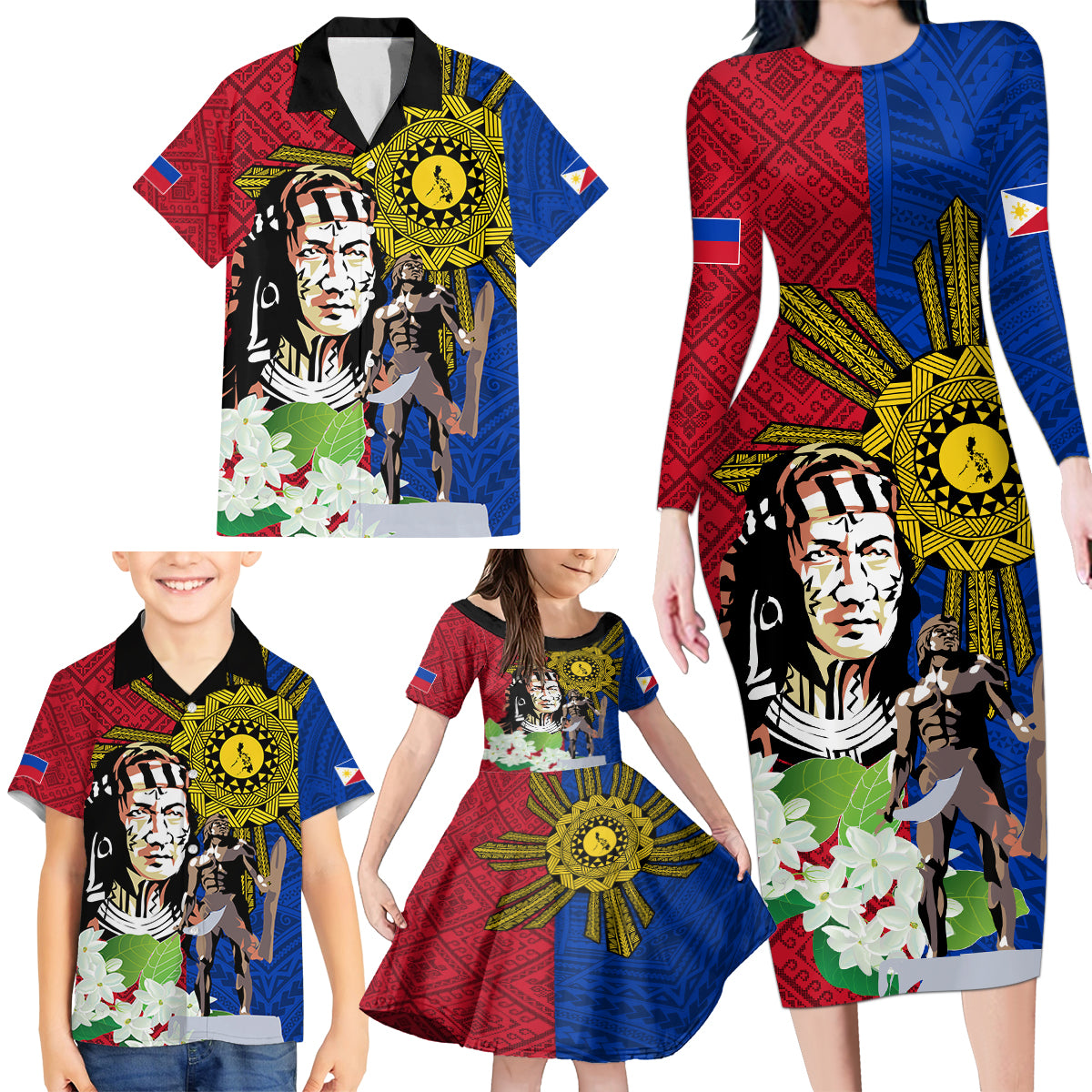 Philippines Lapu-Lapu Family Matching Long Sleeve Bodycon Dress and Hawaiian Shirt Filipino Sun Tattoo With Yakan Pattern - Wonder Print Shop