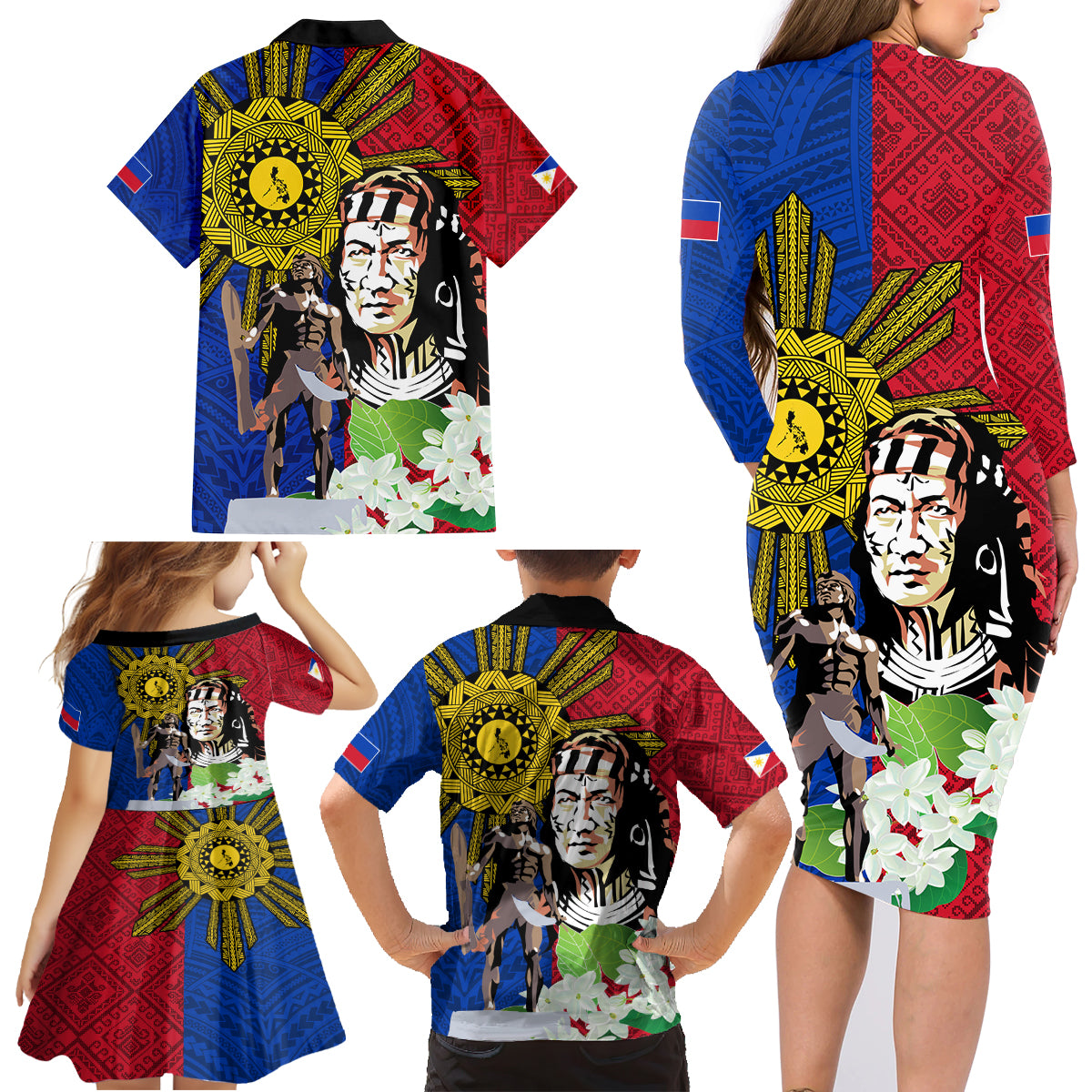 Philippines Lapu-Lapu Family Matching Long Sleeve Bodycon Dress and Hawaiian Shirt Filipino Sun Tattoo With Yakan Pattern - Wonder Print Shop
