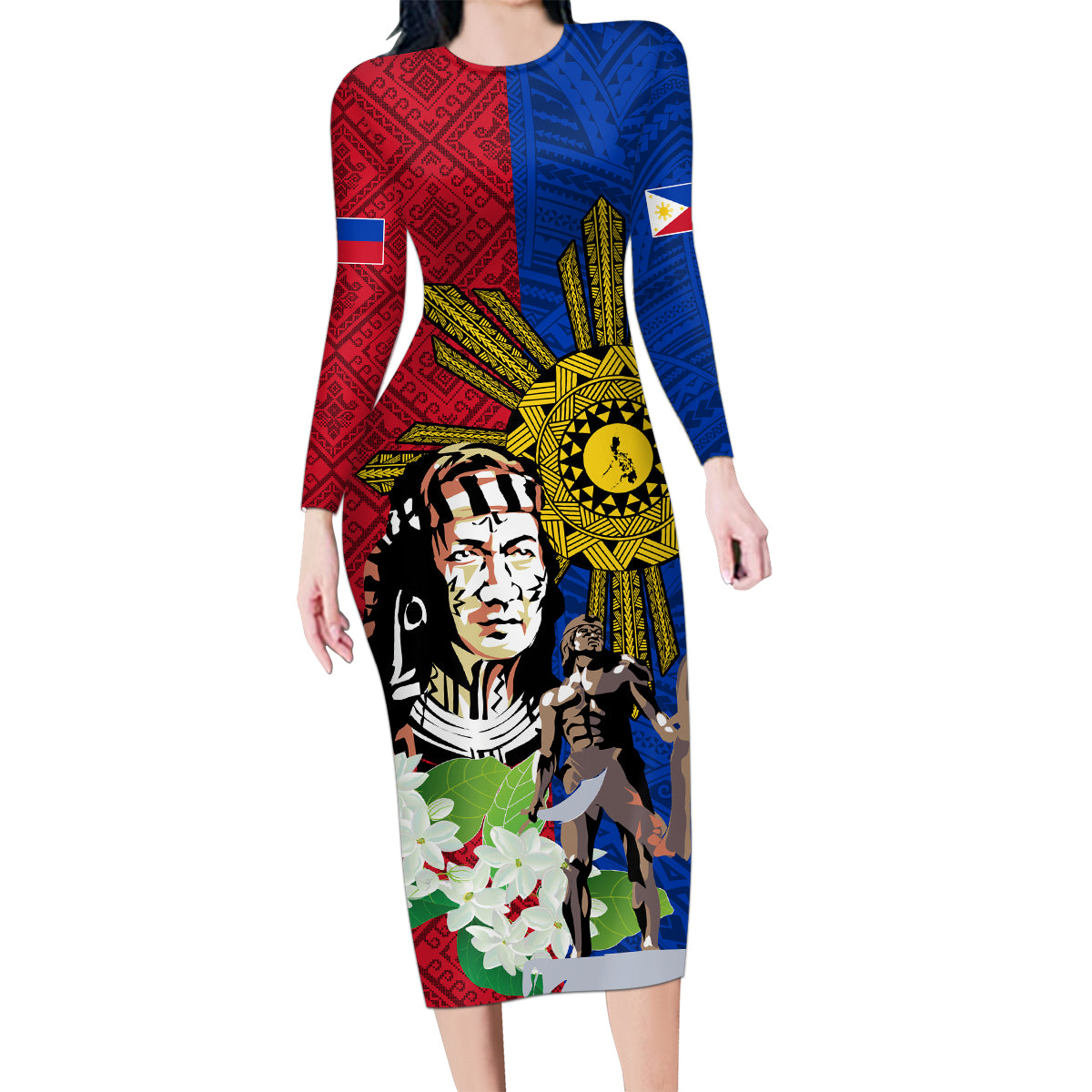 Philippines Lapu-Lapu Family Matching Long Sleeve Bodycon Dress and Hawaiian Shirt Filipino Sun Tattoo With Yakan Pattern - Wonder Print Shop