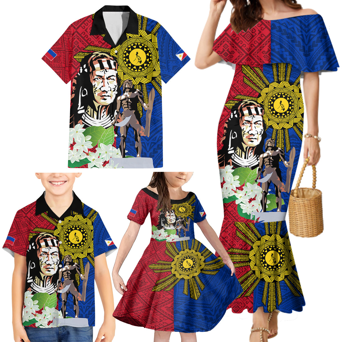 Philippines Lapu-Lapu Family Matching Mermaid Dress and Hawaiian Shirt Filipino Sun Tattoo With Yakan Pattern - Wonder Print Shop