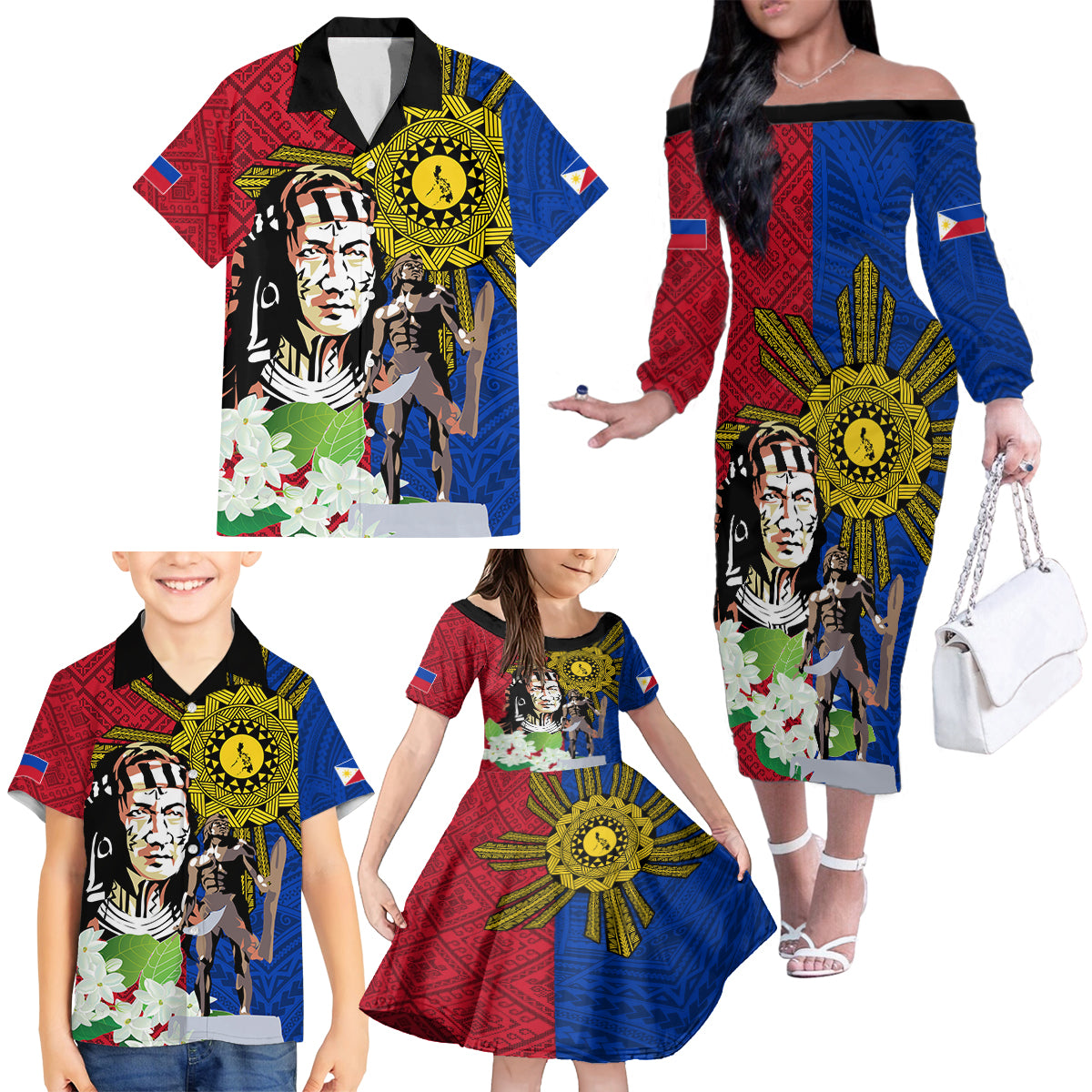 Philippines Lapu-Lapu Family Matching Off The Shoulder Long Sleeve Dress and Hawaiian Shirt Filipino Sun Tattoo With Yakan Pattern - Wonder Print Shop