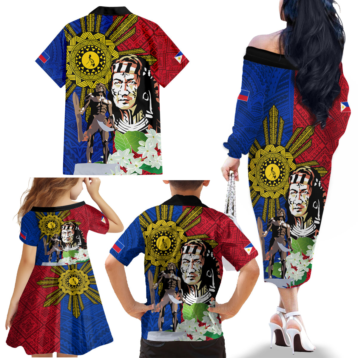 Philippines Lapu-Lapu Family Matching Off The Shoulder Long Sleeve Dress and Hawaiian Shirt Filipino Sun Tattoo With Yakan Pattern - Wonder Print Shop