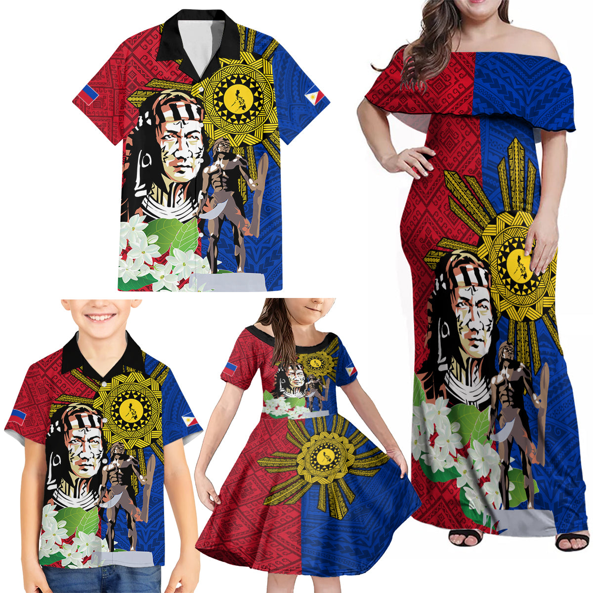 Philippines Lapu-Lapu Family Matching Off Shoulder Maxi Dress and Hawaiian Shirt Filipino Sun Tattoo With Yakan Pattern - Wonder Print Shop
