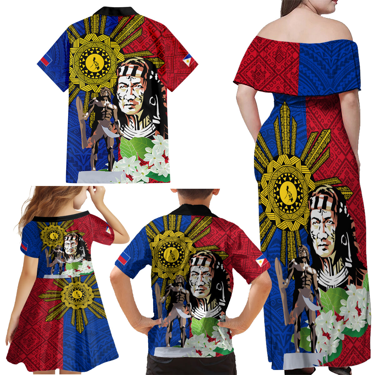Philippines Lapu-Lapu Family Matching Off Shoulder Maxi Dress and Hawaiian Shirt Filipino Sun Tattoo With Yakan Pattern - Wonder Print Shop