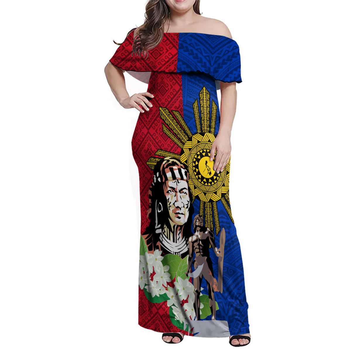 Philippines Lapu-Lapu Family Matching Off Shoulder Maxi Dress and Hawaiian Shirt Filipino Sun Tattoo With Yakan Pattern - Wonder Print Shop