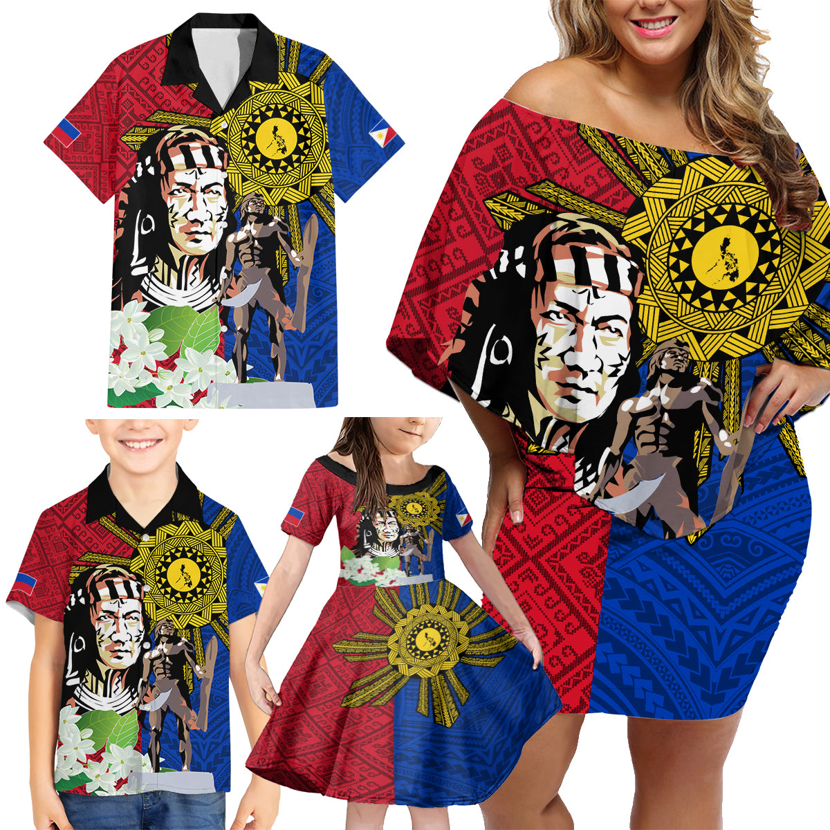 Philippines Lapu-Lapu Family Matching Off Shoulder Short Dress and Hawaiian Shirt Filipino Sun Tattoo With Yakan Pattern - Wonder Print Shop