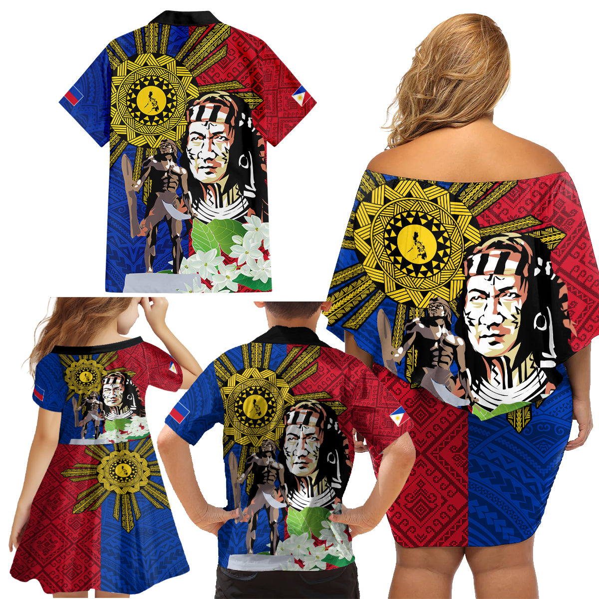 Philippines Lapu-Lapu Family Matching Off Shoulder Short Dress and Hawaiian Shirt Filipino Sun Tattoo With Yakan Pattern - Wonder Print Shop