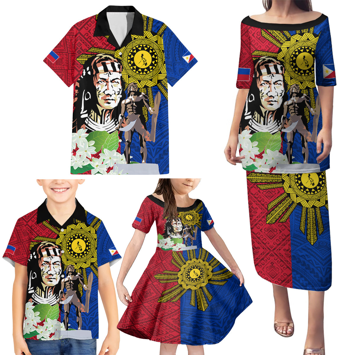 Philippines Lapu-Lapu Family Matching Puletasi and Hawaiian Shirt Filipino Sun Tattoo With Yakan Pattern - Wonder Print Shop
