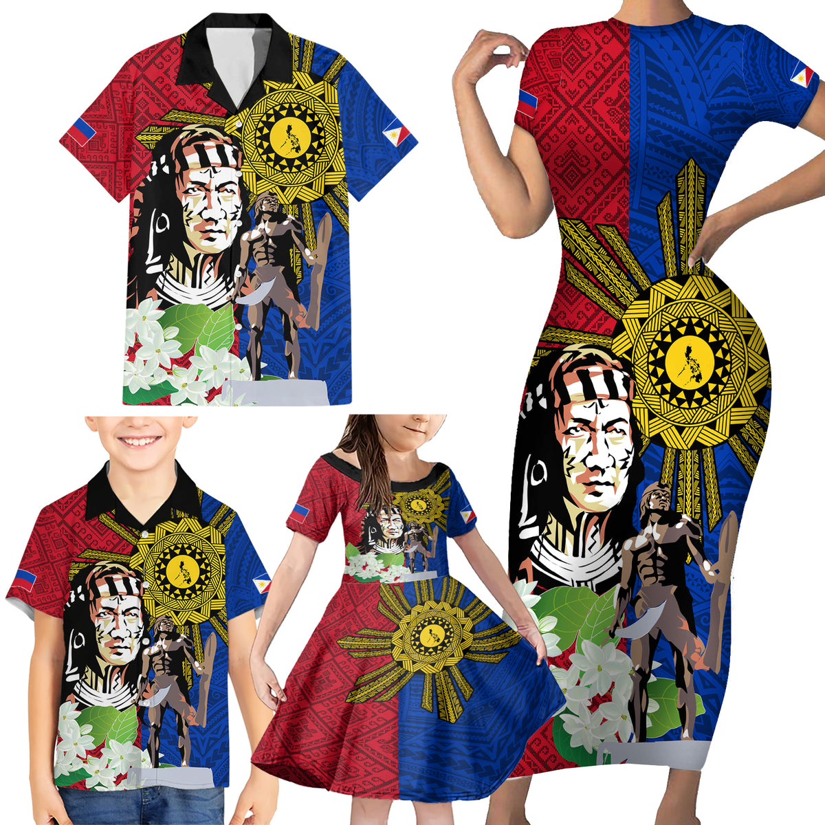 Philippines Lapu-Lapu Family Matching Short Sleeve Bodycon Dress and Hawaiian Shirt Filipino Sun Tattoo With Yakan Pattern - Wonder Print Shop