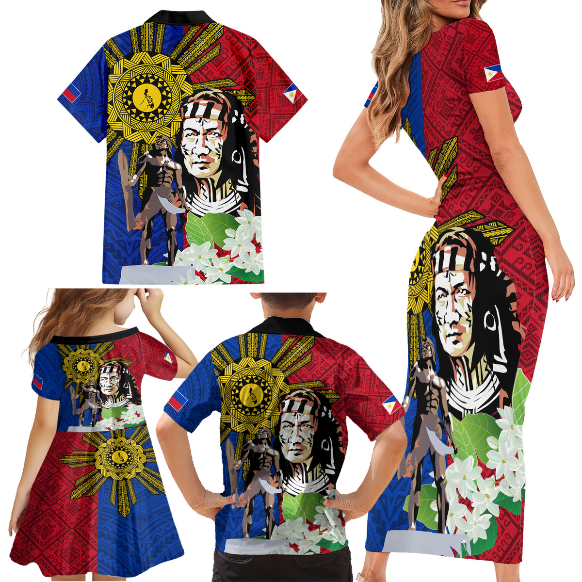 Philippines Lapu-Lapu Family Matching Short Sleeve Bodycon Dress and Hawaiian Shirt Filipino Sun Tattoo With Yakan Pattern - Wonder Print Shop