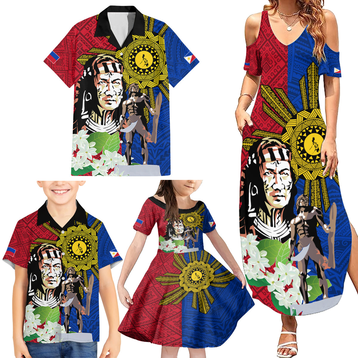 Philippines Lapu-Lapu Family Matching Summer Maxi Dress and Hawaiian Shirt Filipino Sun Tattoo With Yakan Pattern - Wonder Print Shop