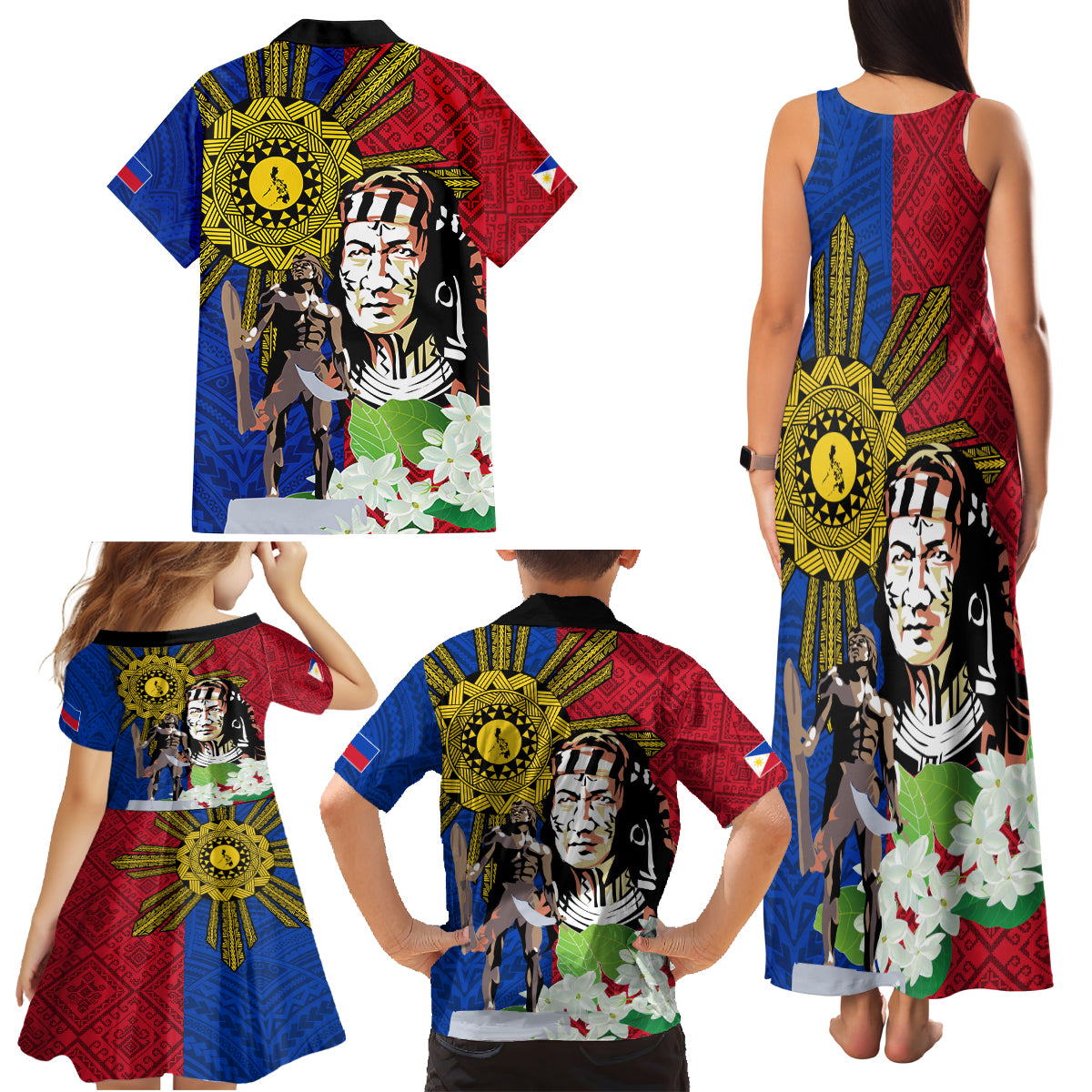 Philippines Lapu-Lapu Family Matching Tank Maxi Dress and Hawaiian Shirt Filipino Sun Tattoo With Yakan Pattern - Wonder Print Shop