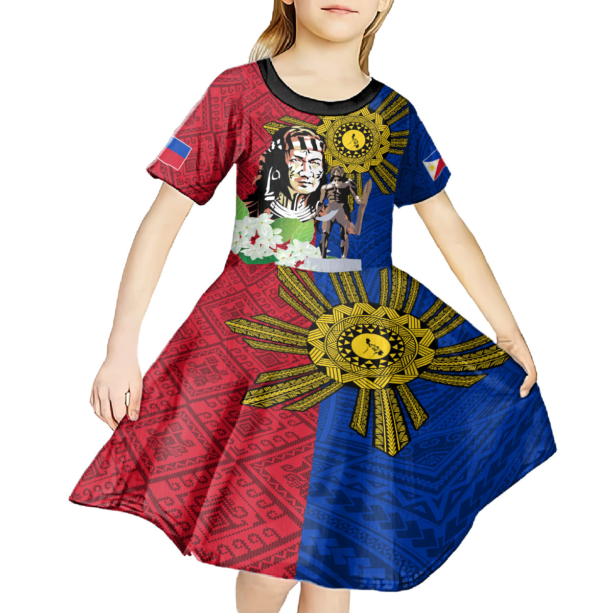 Philippines Lapu-Lapu Kid Short Sleeve Dress Filipino Sun Tattoo With Yakan Pattern - Wonder Print Shop