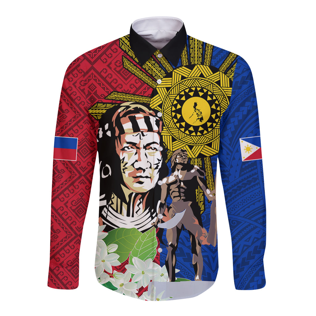 Philippines Lapu-Lapu Long Sleeve Button Shirt Filipino Sun Tattoo With Yakan Pattern - Wonder Print Shop