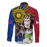 Philippines Lapu-Lapu Long Sleeve Button Shirt Filipino Sun Tattoo With Yakan Pattern - Wonder Print Shop