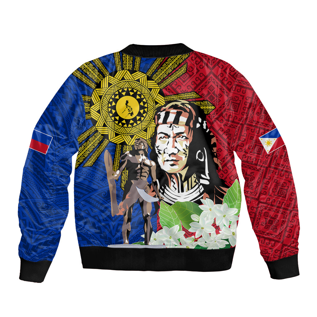 Philippines Lapu-Lapu Sleeve Zip Bomber Jacket Filipino Sun Tattoo With Yakan Pattern - Wonder Print Shop