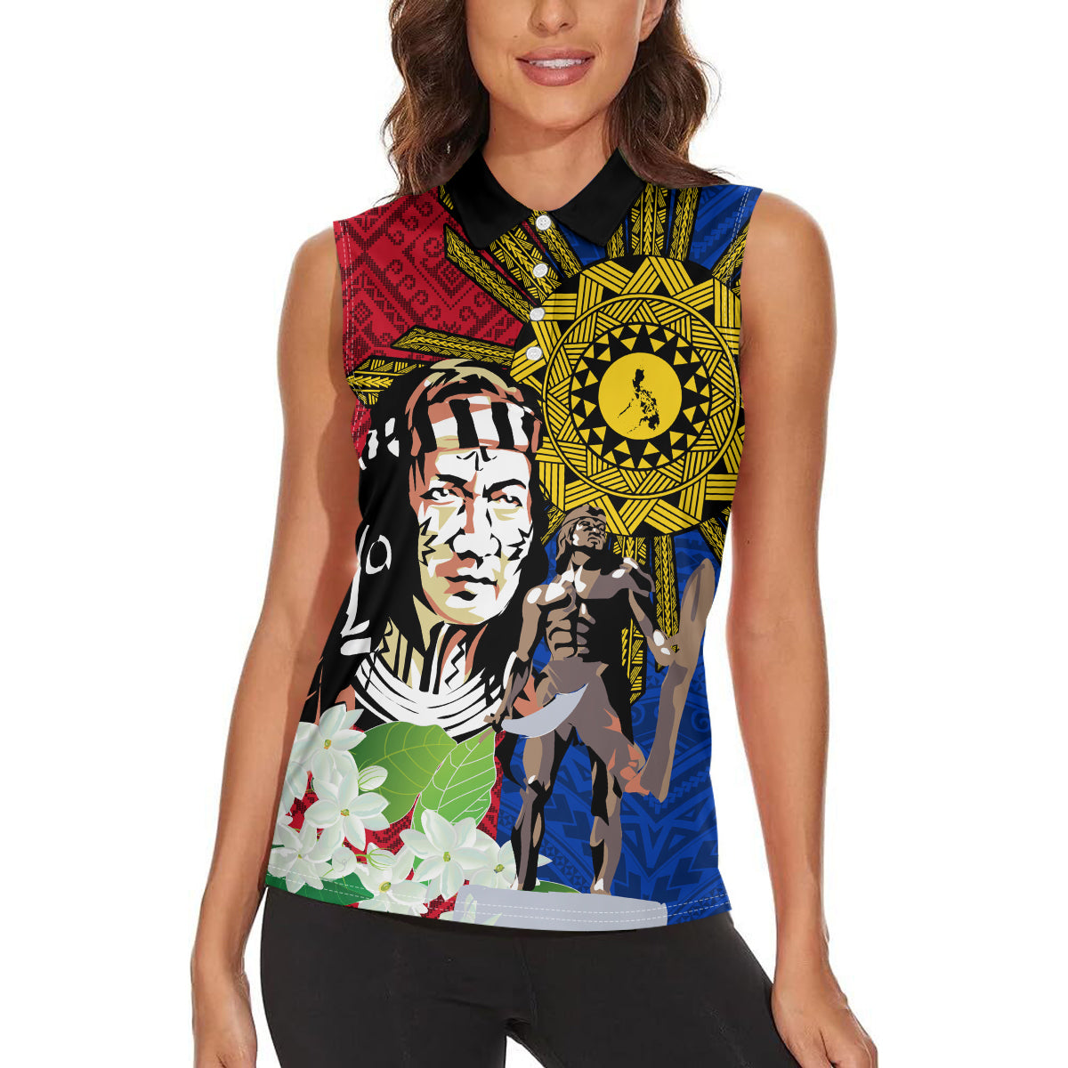 Philippines Lapu-Lapu Women Sleeveless Polo Shirt Filipino Sun Tattoo With Yakan Pattern - Wonder Print Shop