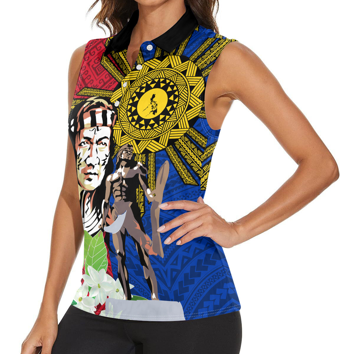 Philippines Lapu-Lapu Women Sleeveless Polo Shirt Filipino Sun Tattoo With Yakan Pattern - Wonder Print Shop