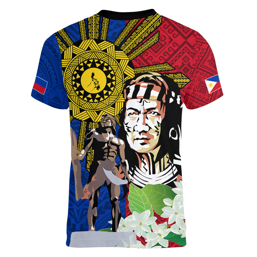 Philippines Lapu-Lapu Women V-Neck T-Shirt Filipino Sun Tattoo With Yakan Pattern - Wonder Print Shop