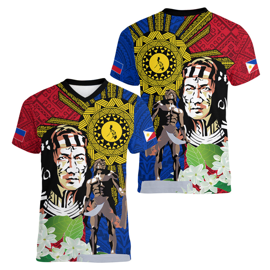 Philippines Lapu-Lapu Women V-Neck T-Shirt Filipino Sun Tattoo With Yakan Pattern - Wonder Print Shop