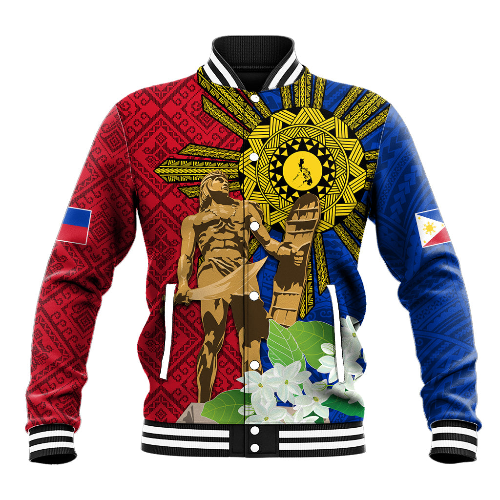 Philippines Lapu Lapu King Jasmine Flowers Baseball Jacket Filipino Sun Tattoo - Wonder Print Shop