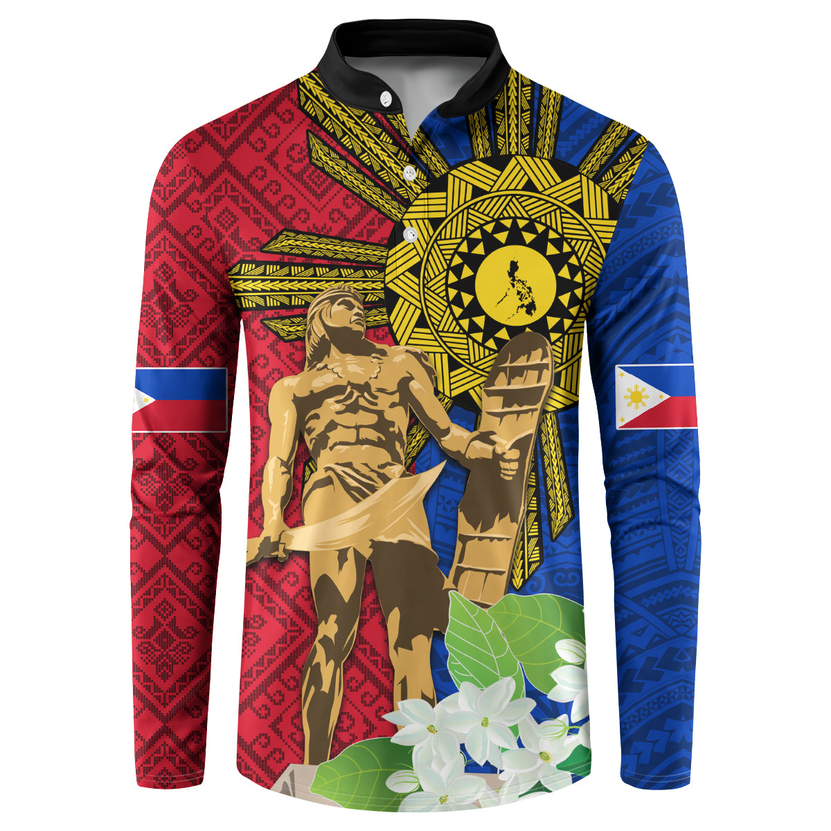 Philippines Lapu Lapu King Jasmine Flowers Button Sweatshirt Filipino Sun Tattoo - Wonder Print Shop
