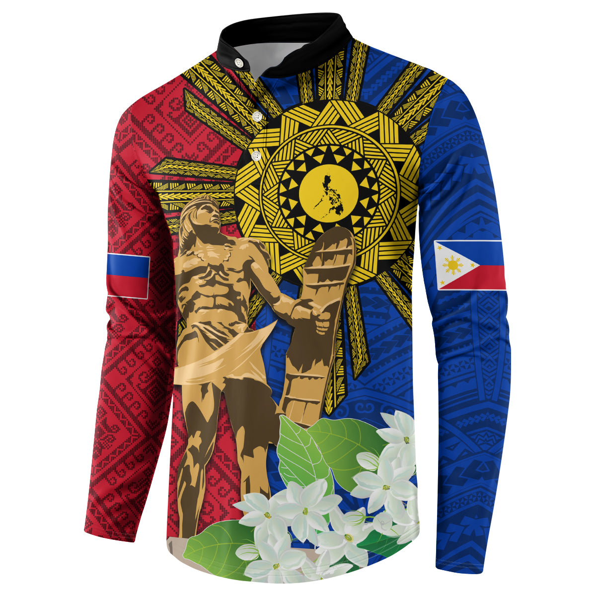 Philippines Lapu Lapu King Jasmine Flowers Button Sweatshirt Filipino Sun Tattoo - Wonder Print Shop