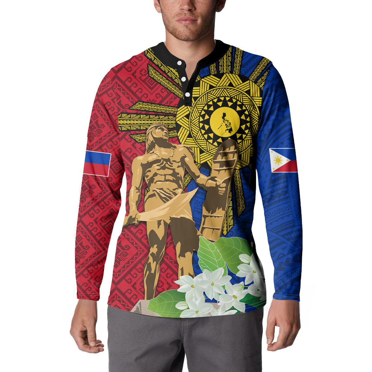 Philippines Lapu Lapu King Jasmine Flowers Button Sweatshirt Filipino Sun Tattoo - Wonder Print Shop