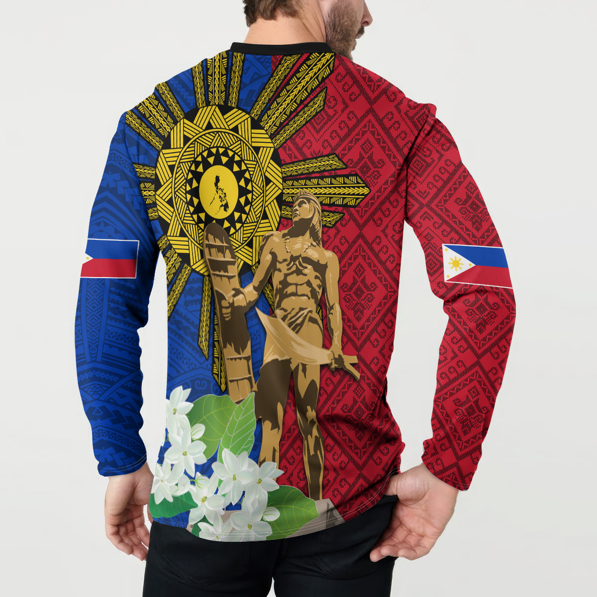 Philippines Lapu Lapu King Jasmine Flowers Button Sweatshirt Filipino Sun Tattoo - Wonder Print Shop