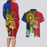 Philippines Lapu Lapu King Jasmine Flowers Couples Matching Long Sleeve Bodycon Dress and Hawaiian Shirt Filipino Sun Tattoo - Wonder Print Shop