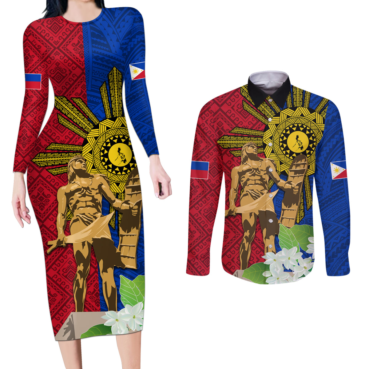 Philippines Lapu Lapu King Jasmine Flowers Couples Matching Long Sleeve Bodycon Dress and Long Sleeve Button Shirt Filipino Sun Tattoo - Wonder Print Shop