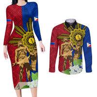 Philippines Lapu Lapu King Jasmine Flowers Couples Matching Long Sleeve Bodycon Dress and Long Sleeve Button Shirt Filipino Sun Tattoo - Wonder Print Shop