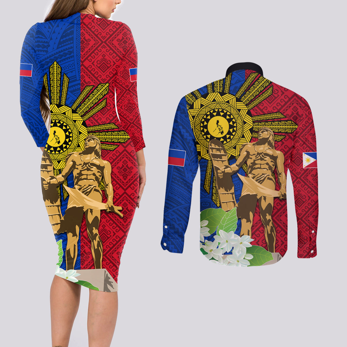 Philippines Lapu Lapu King Jasmine Flowers Couples Matching Long Sleeve Bodycon Dress and Long Sleeve Button Shirt Filipino Sun Tattoo - Wonder Print Shop