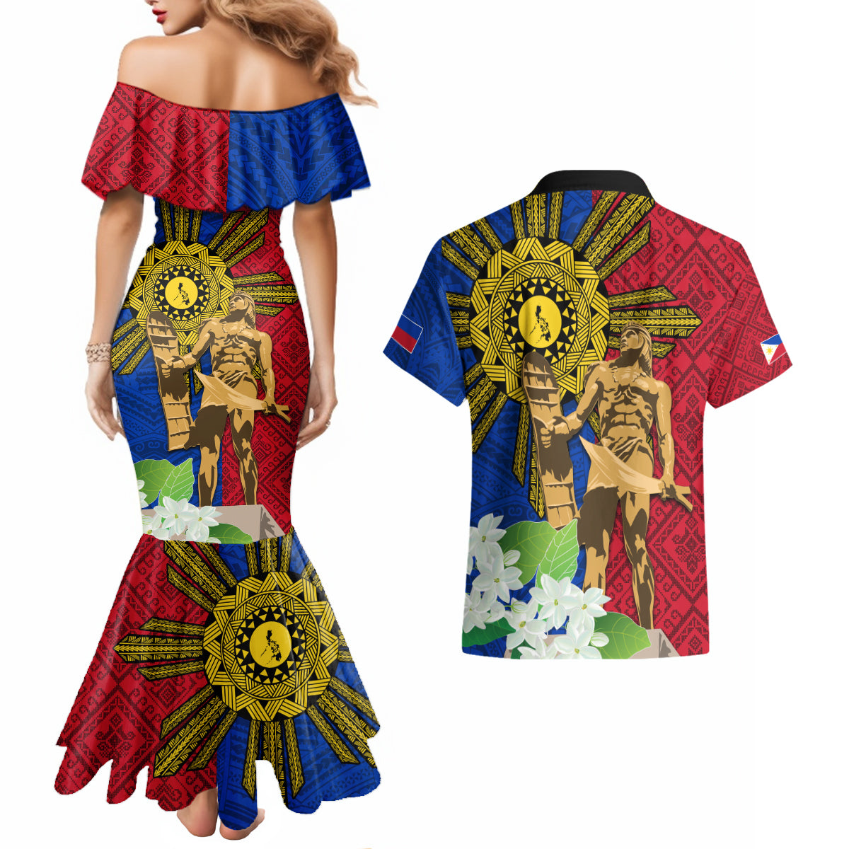 Philippines Lapu Lapu King Jasmine Flowers Couples Matching Mermaid Dress and Hawaiian Shirt Filipino Sun Tattoo - Wonder Print Shop