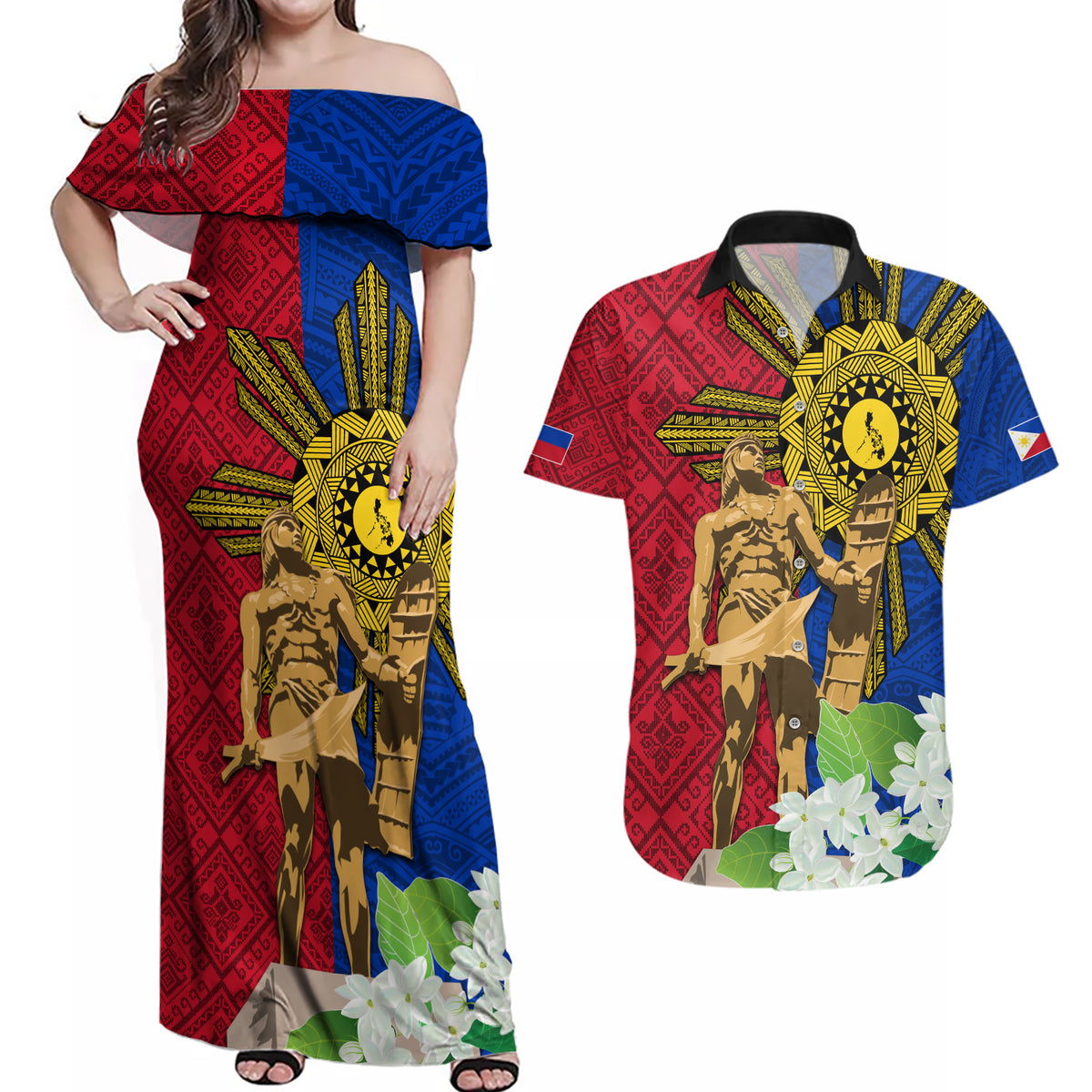 Philippines Lapu Lapu King Jasmine Flowers Couples Matching Off Shoulder Maxi Dress and Hawaiian Shirt Filipino Sun Tattoo - Wonder Print Shop