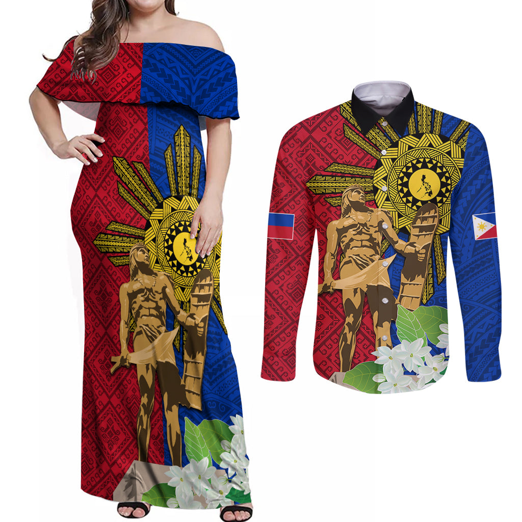 Philippines Lapu Lapu King Jasmine Flowers Couples Matching Off Shoulder Maxi Dress and Long Sleeve Button Shirt Filipino Sun Tattoo - Wonder Print Shop