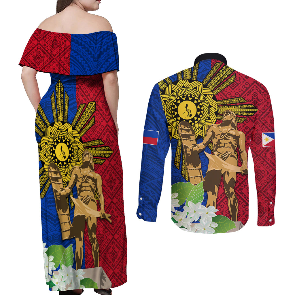 Philippines Lapu Lapu King Jasmine Flowers Couples Matching Off Shoulder Maxi Dress and Long Sleeve Button Shirt Filipino Sun Tattoo - Wonder Print Shop