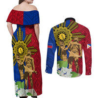 Philippines Lapu Lapu King Jasmine Flowers Couples Matching Off Shoulder Maxi Dress and Long Sleeve Button Shirt Filipino Sun Tattoo - Wonder Print Shop