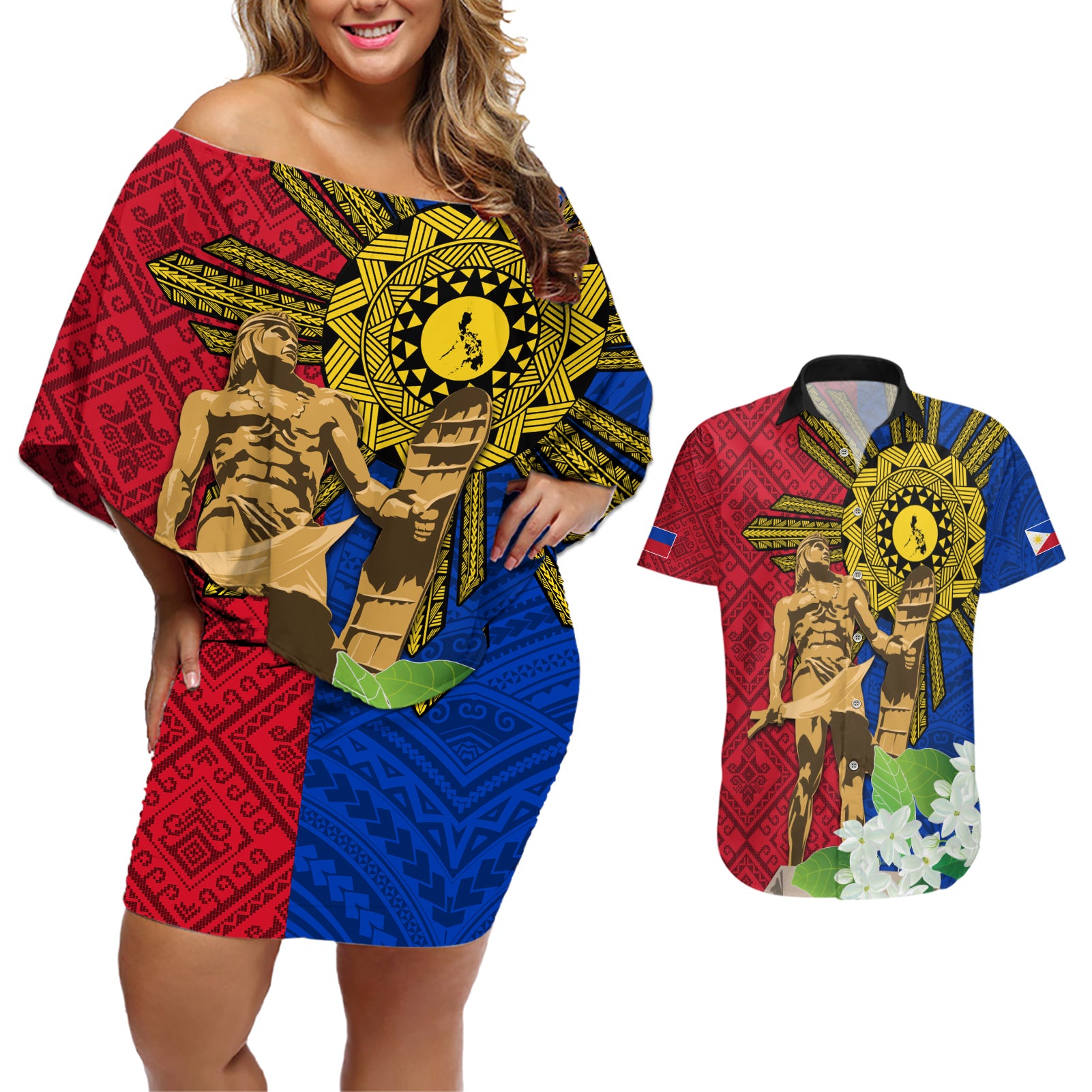 Philippines Lapu Lapu King Jasmine Flowers Couples Matching Off Shoulder Short Dress and Hawaiian Shirt Filipino Sun Tattoo - Wonder Print Shop