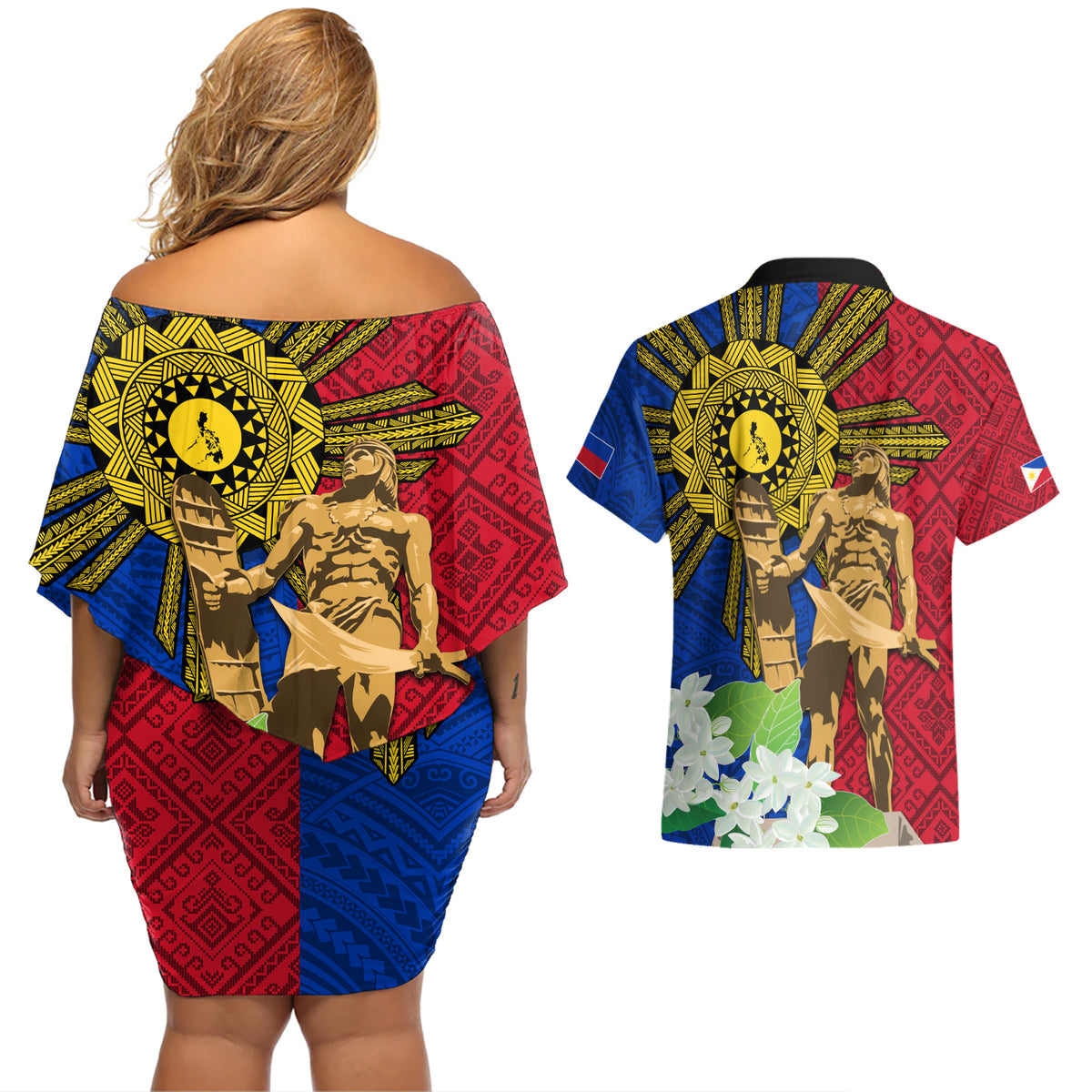 Philippines Lapu Lapu King Jasmine Flowers Couples Matching Off Shoulder Short Dress and Hawaiian Shirt Filipino Sun Tattoo - Wonder Print Shop