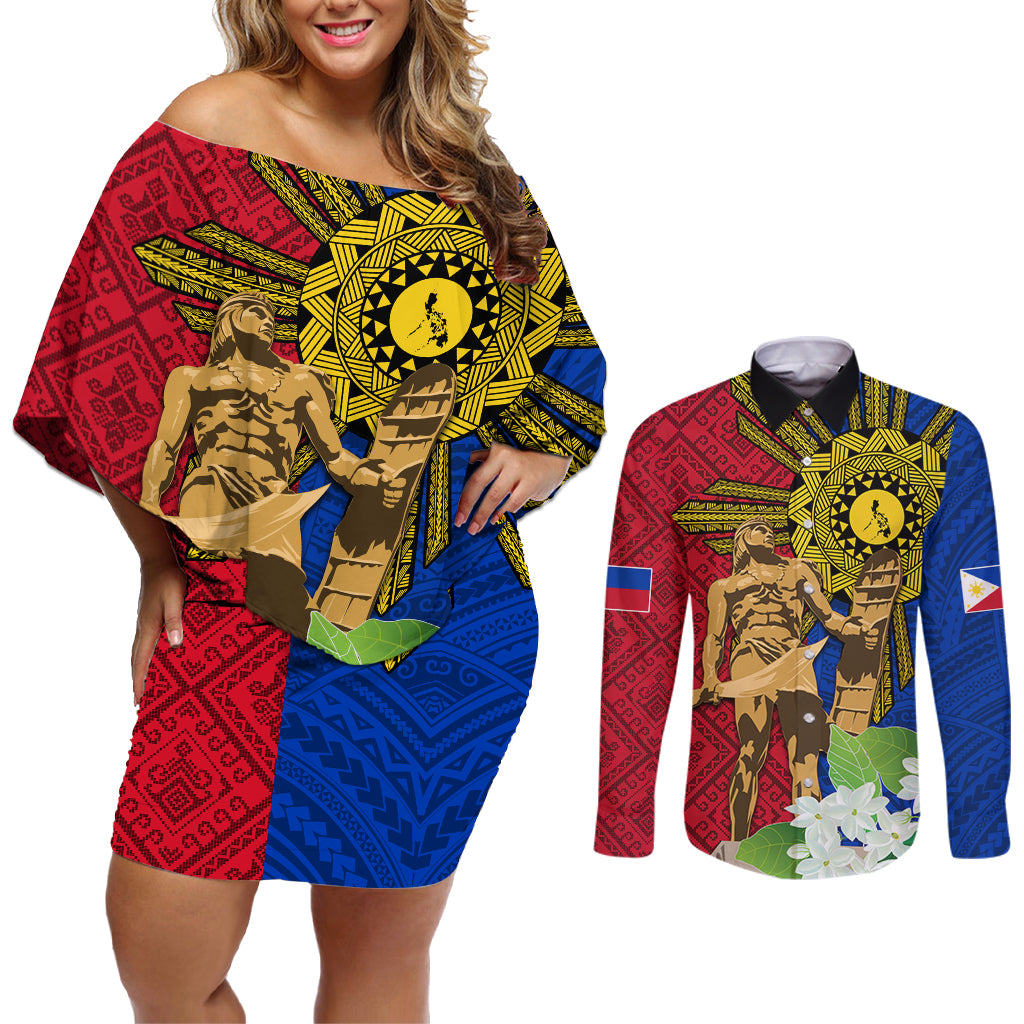 Philippines Lapu Lapu King Jasmine Flowers Couples Matching Off Shoulder Short Dress and Long Sleeve Button Shirt Filipino Sun Tattoo - Wonder Print Shop